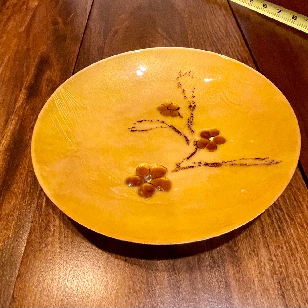Bovano of Cheshire Enamel Plate With Flowers Gold and Brown